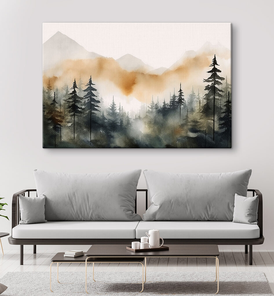 A watercolor of a forest with mountains in the background
