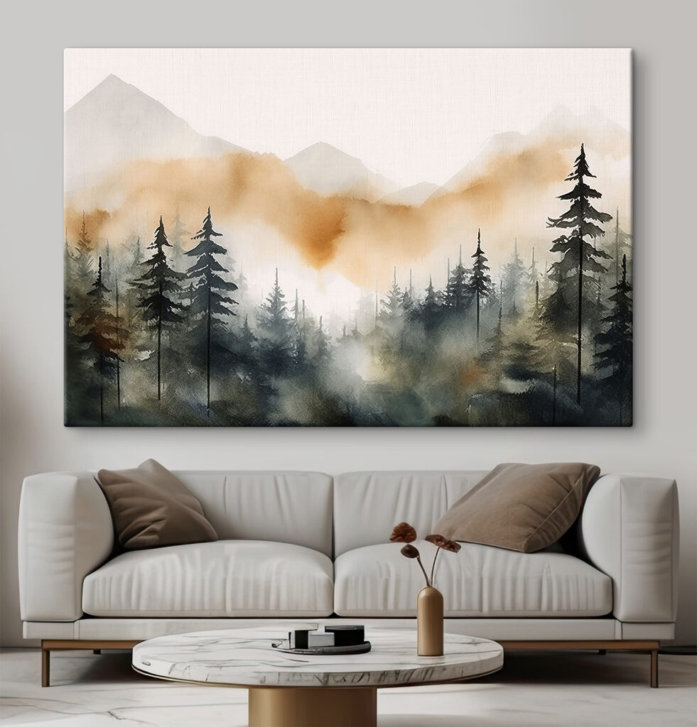 A watercolor of a forest with mountains in the background