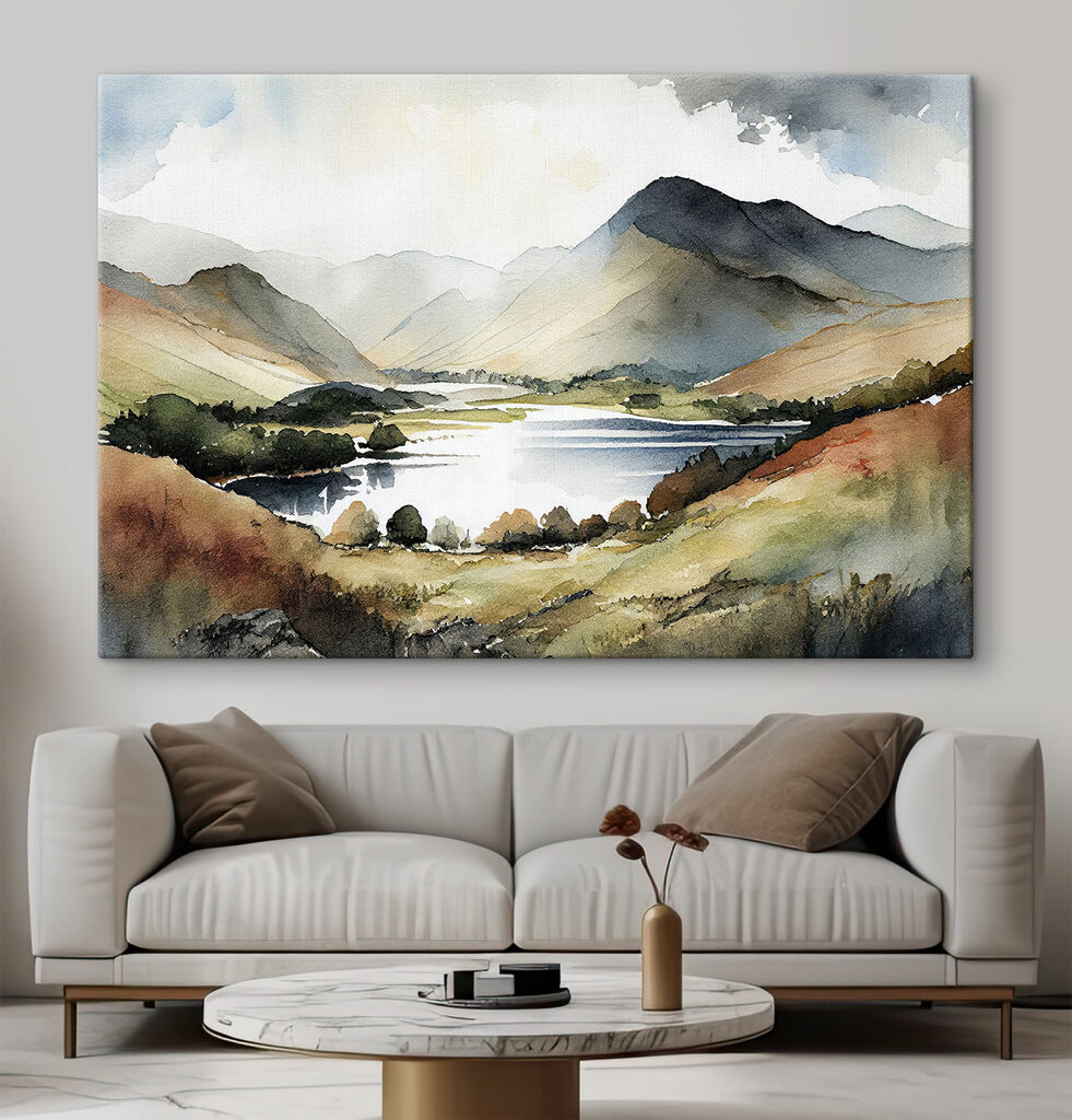 Watercolor of a lake surrounded by mountains Watercolor of a lake surrounded by mountains