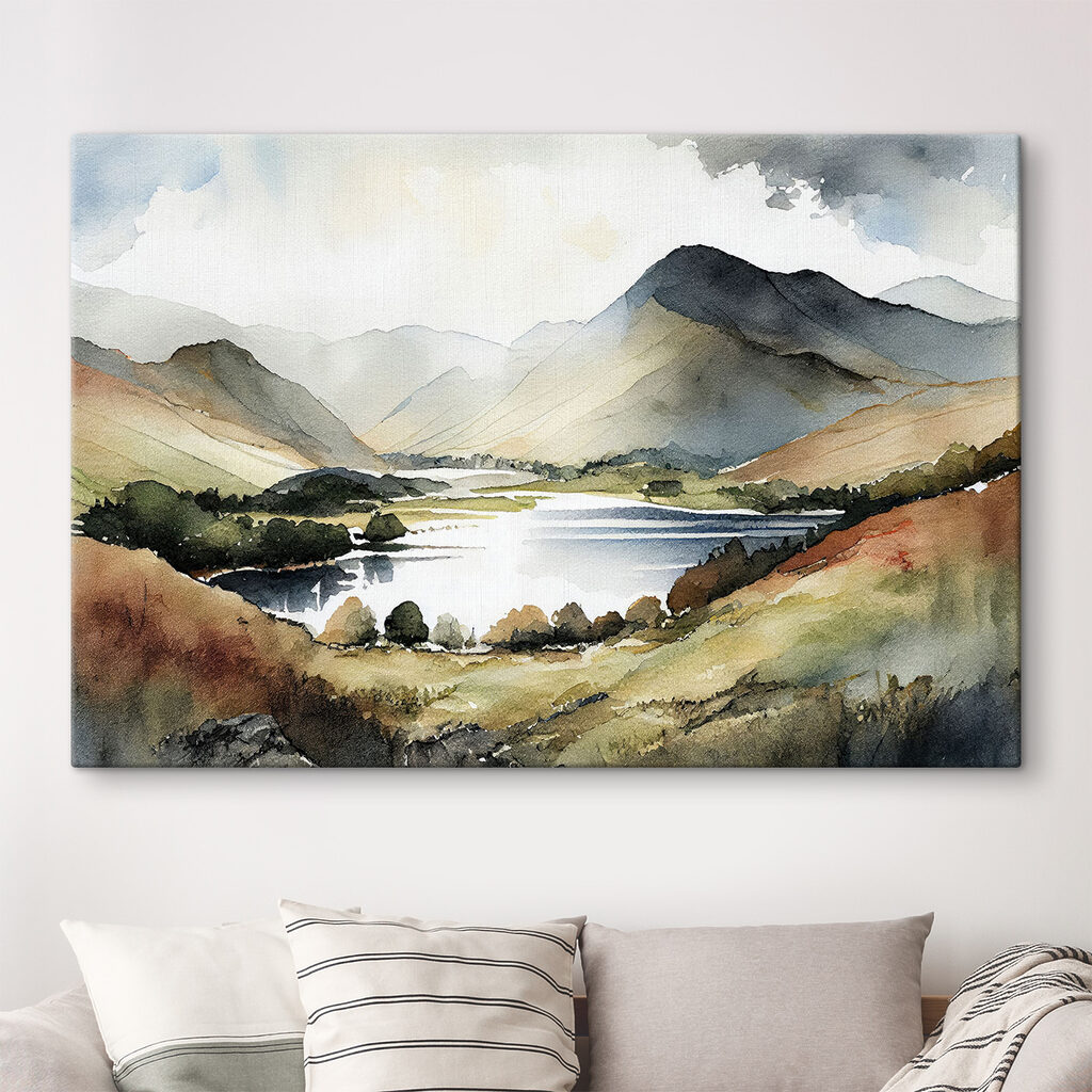 Watercolor of a lake surrounded by mountains Watercolor of a lake surrounded by mountains