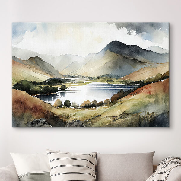 Watercolor of a lake surrounded by mountains Watercolor of a lake surrounded by mountains