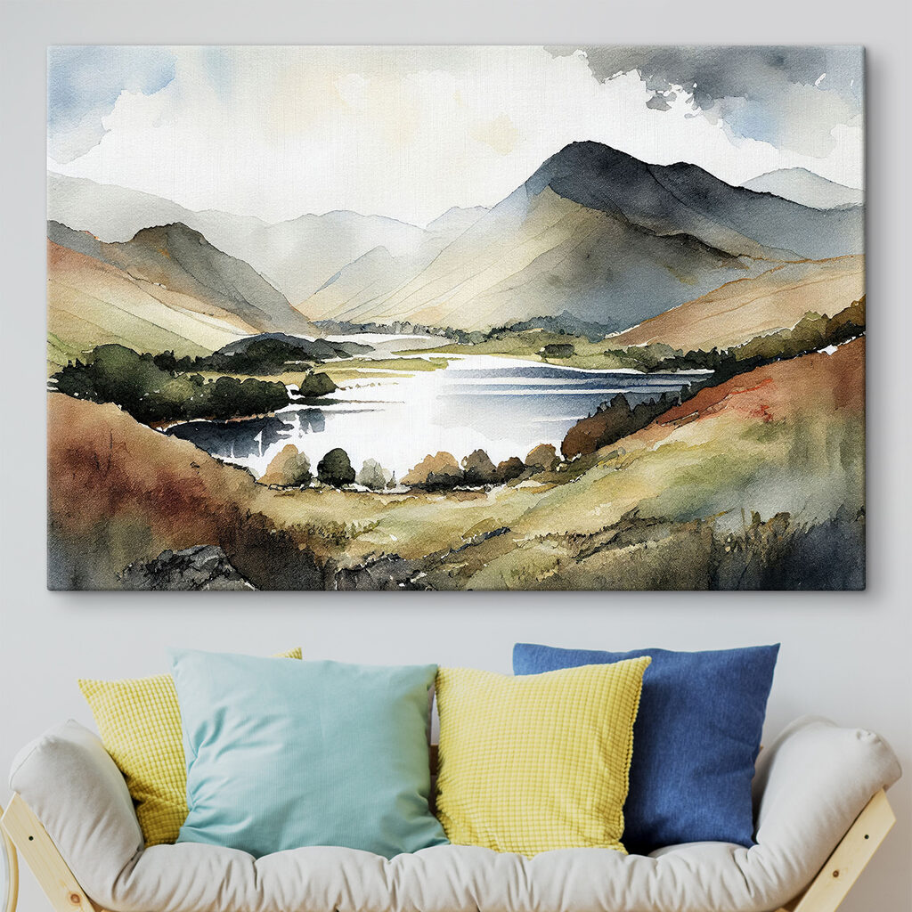 Watercolor of a lake surrounded by mountains Watercolor of a lake surrounded by mountains