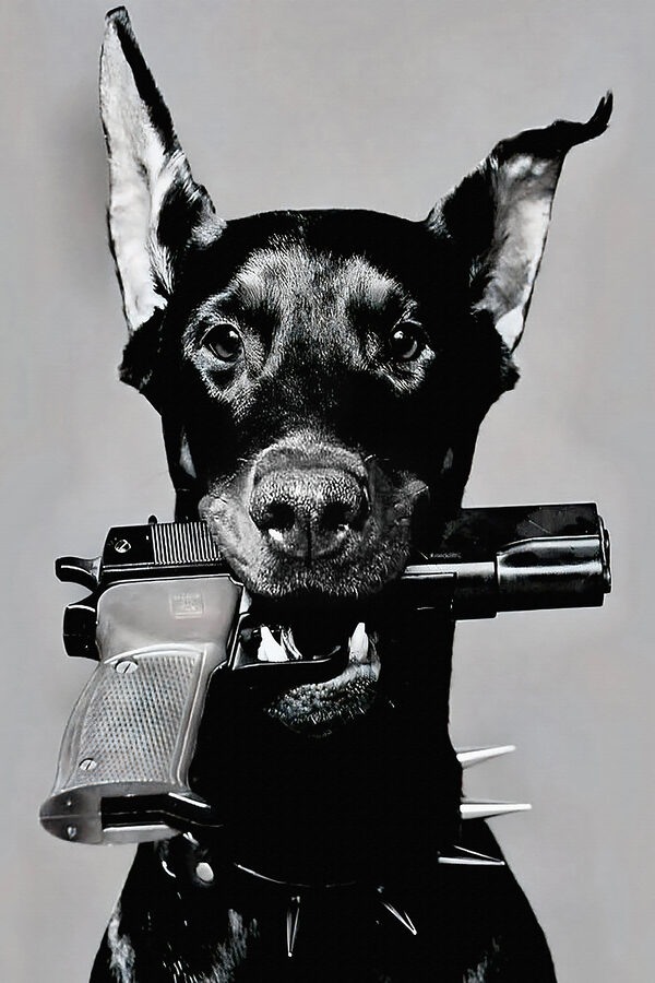 A dog holding a gun A dog holding a gun