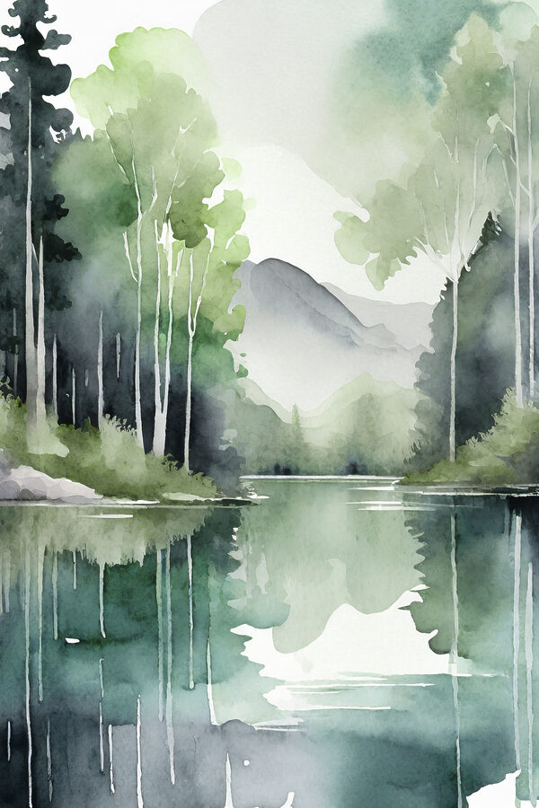 Watercolor painting of a lake surrounded by trees and mountains Watercolor painting of a lake surrounded by trees and mountains