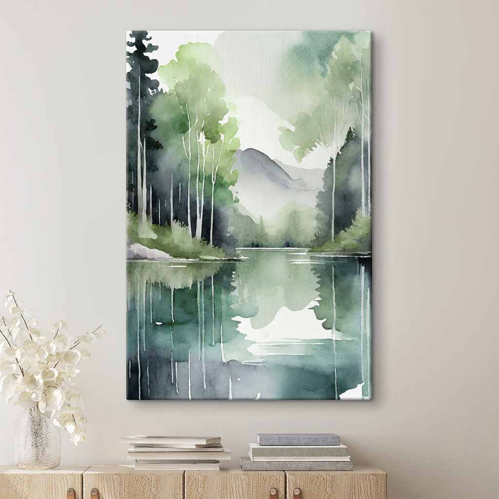 Watercolor painting of a lake surrounded by trees and mountains Watercolor painting of a lake surrounded by trees and mountains