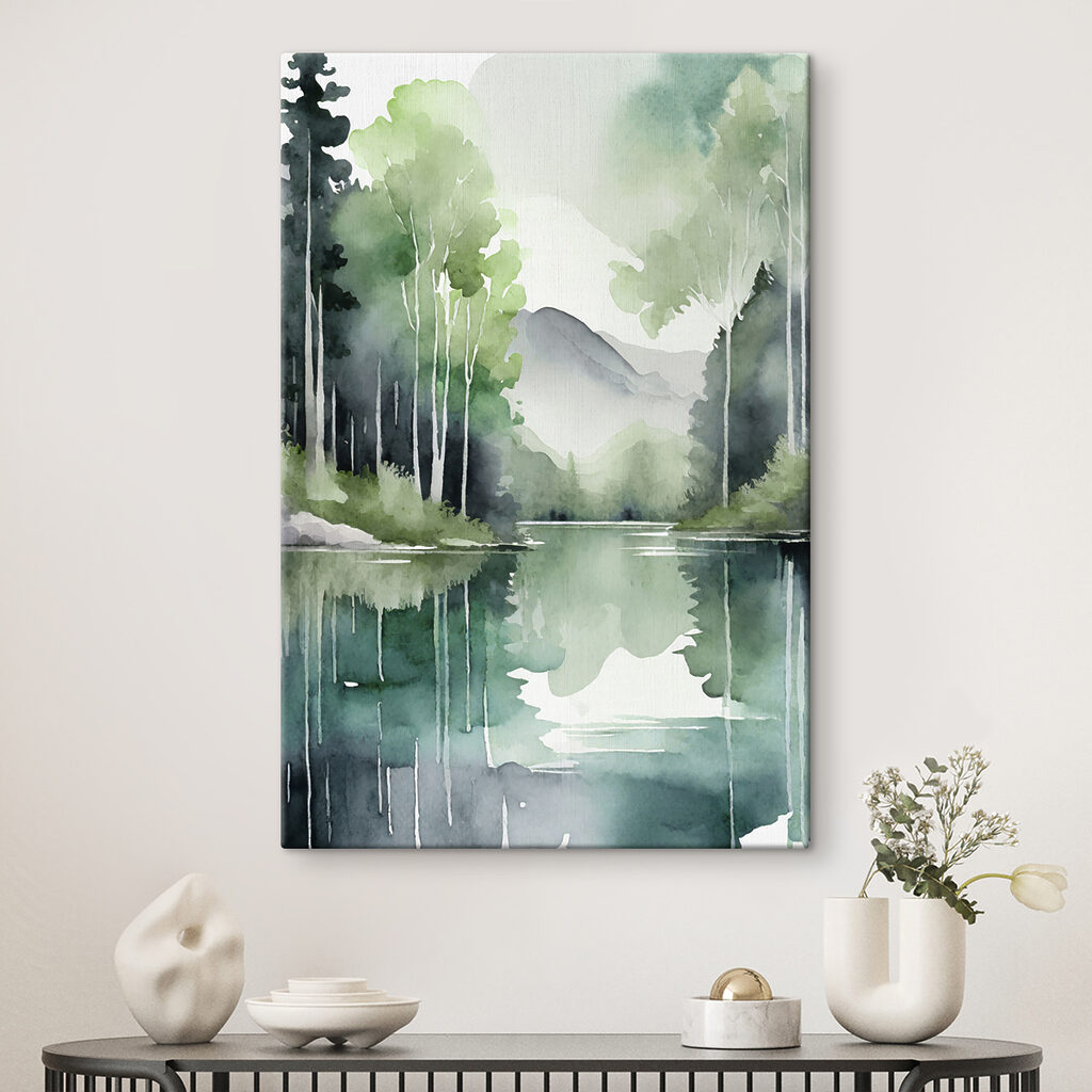 Watercolor painting of a lake surrounded by trees and mountains Watercolor painting of a lake surrounded by trees and mountains