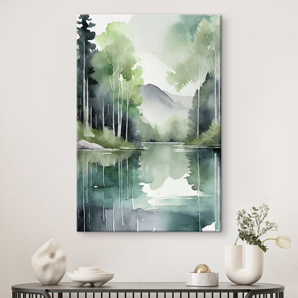 Watercolor painting of a lake surrounded by trees and mountains Watercolor painting of a lake surrounded by trees and mountains
