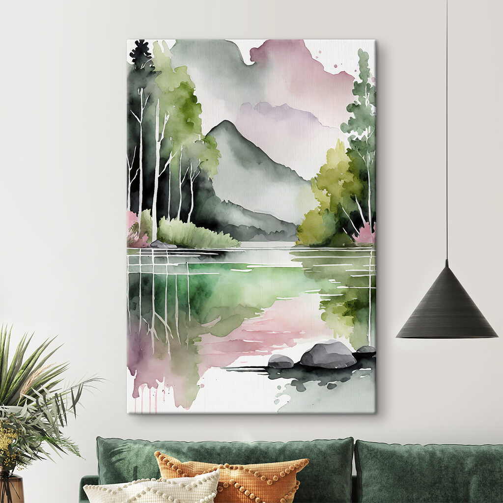 Watercolor painting of a lake with trees and mountains in the background Watercolor painting of a lake with trees and mountains in the background