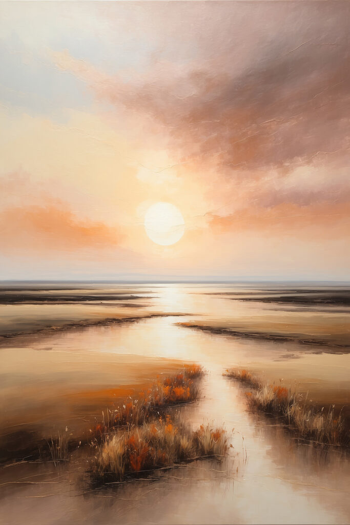 A painting of a sunset over a marsh A painting of a sunset over a marsh