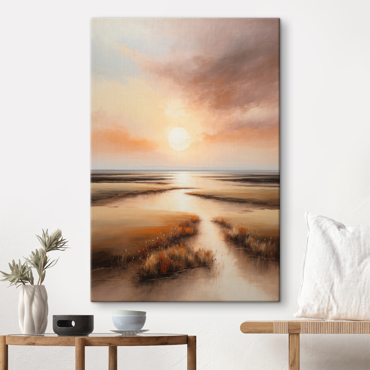 A painting of a sunset over a marsh A painting of a sunset over a marsh