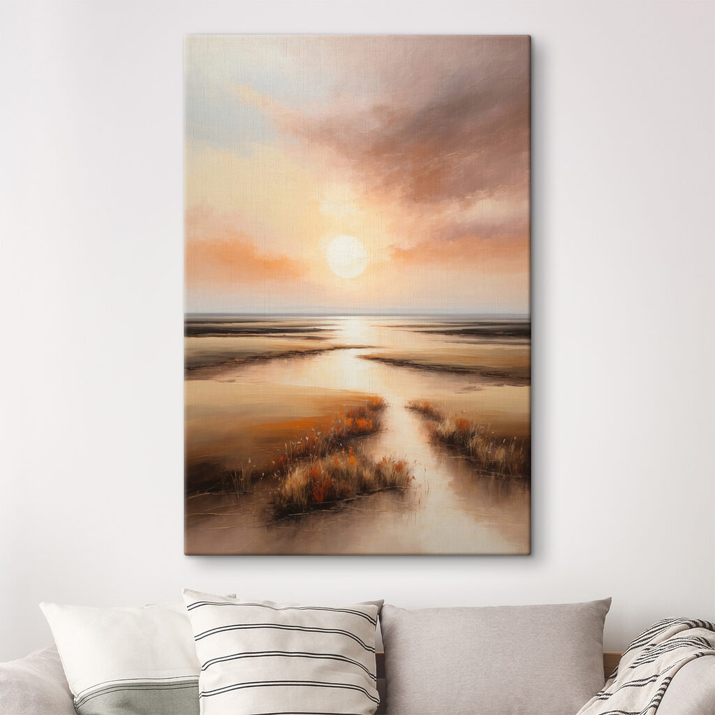A painting of a sunset over a marsh A painting of a sunset over a marsh