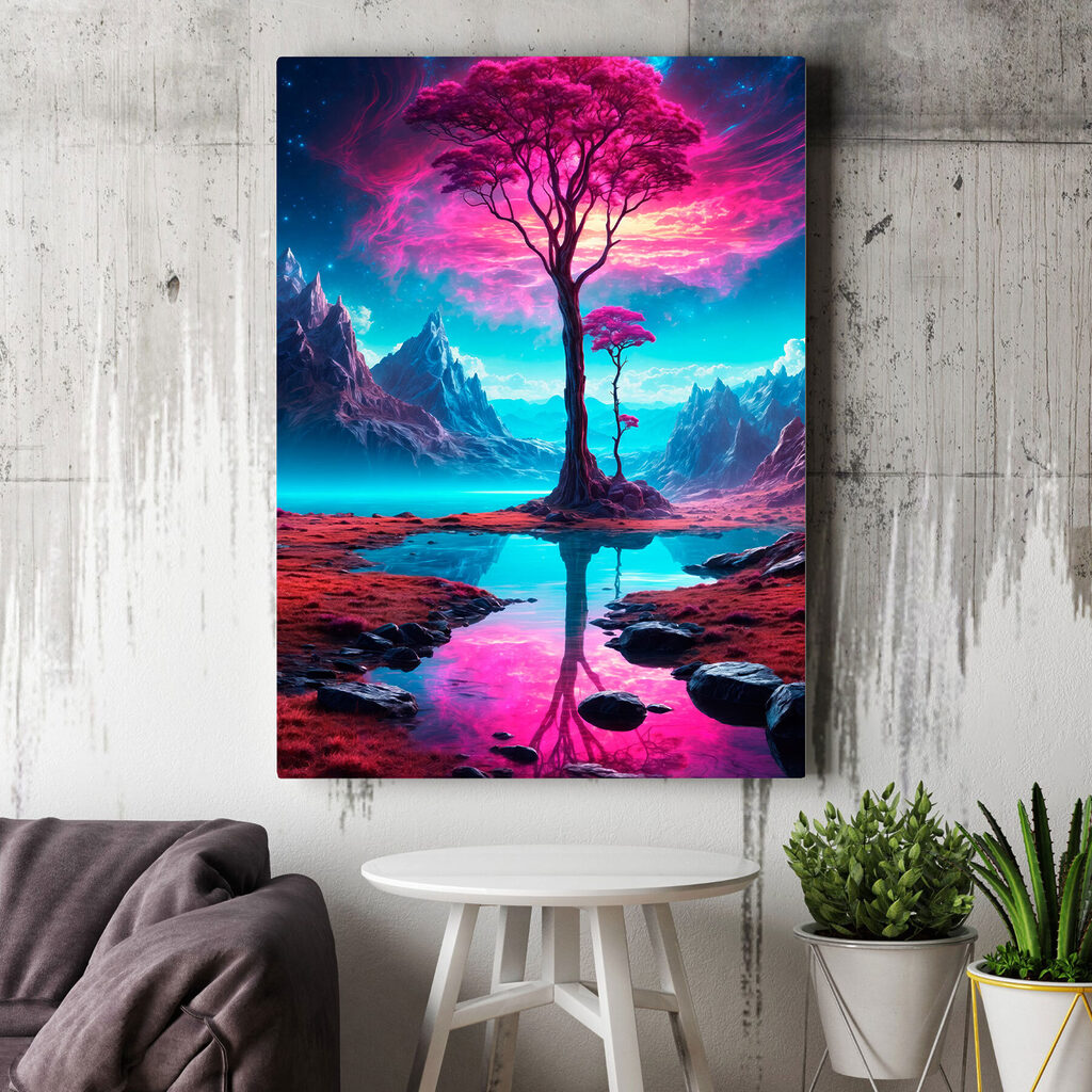 A landscape with a tree and mountains