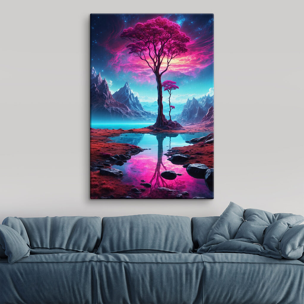 A landscape with a tree and mountains