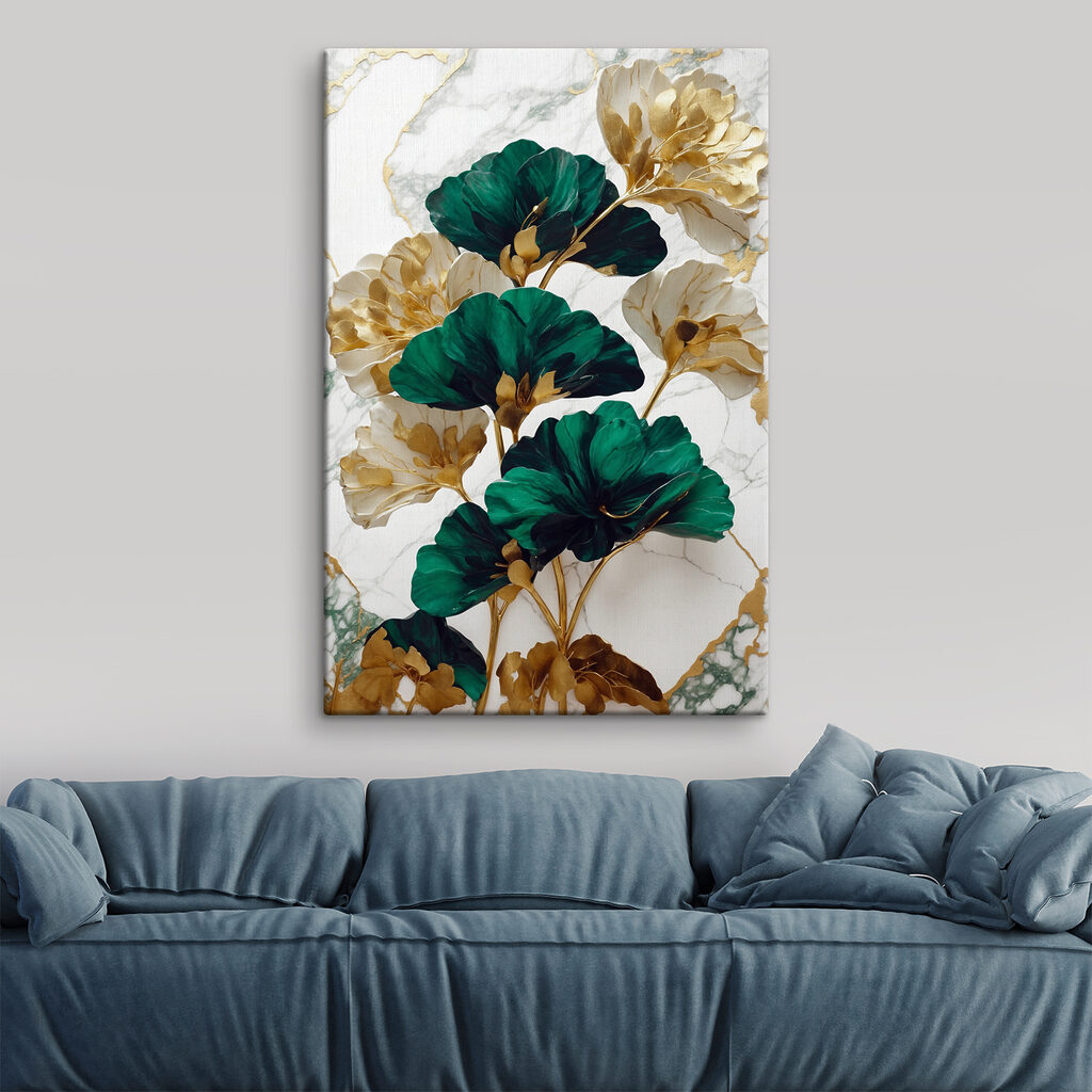 A green and white flowers on a marble surface