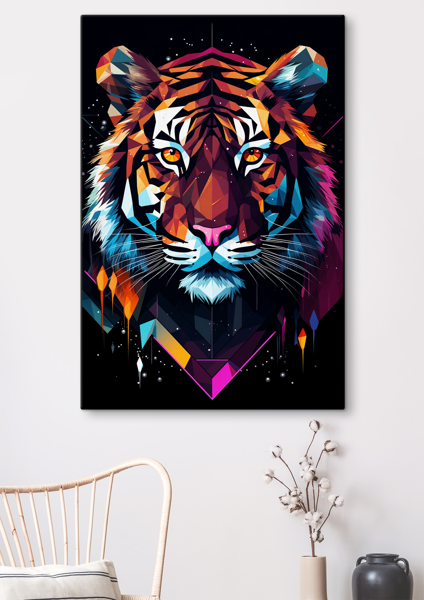 A colorful tiger with white whiskers