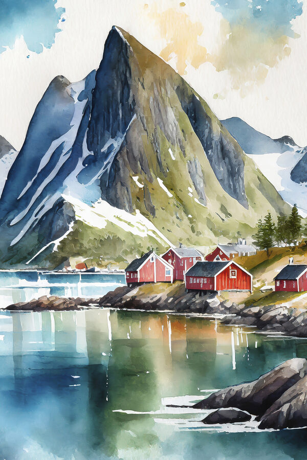 Watercolor painting of a village by a lake and mountains Watercolor painting of a village by a lake and mountains