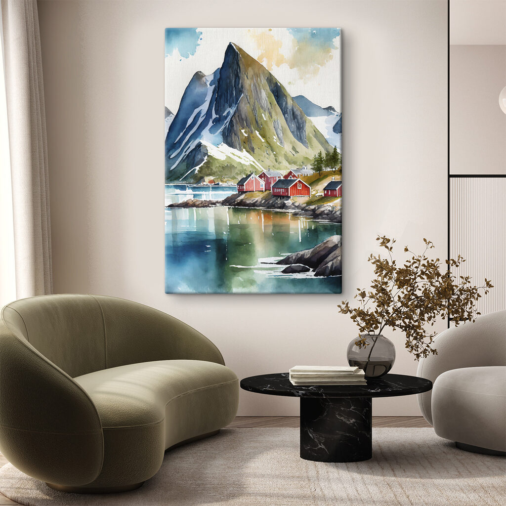 Watercolor painting of a village by a lake and mountains Watercolor painting of a village by a lake and mountains