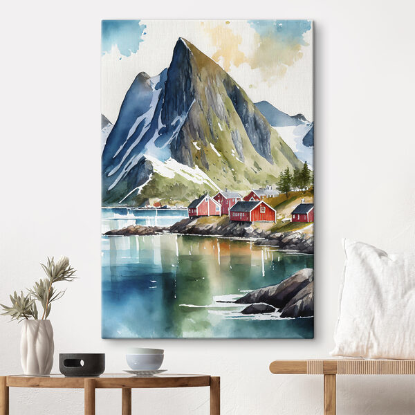 Watercolor painting of a village by a lake and mountains Watercolor painting of a village by a lake and mountains