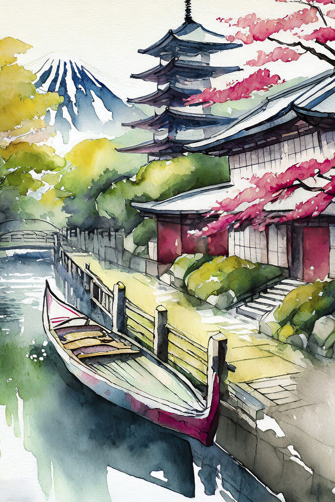 A watercolor painting of a boat on a river