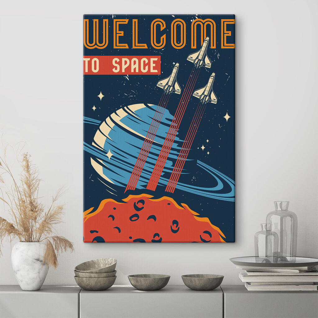 A poster with space shuttles flying in the sky A poster with space shuttles flying in the sky