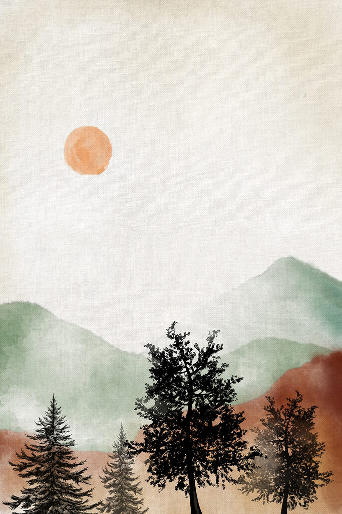 A painting of a mountain landscape with trees and mountains