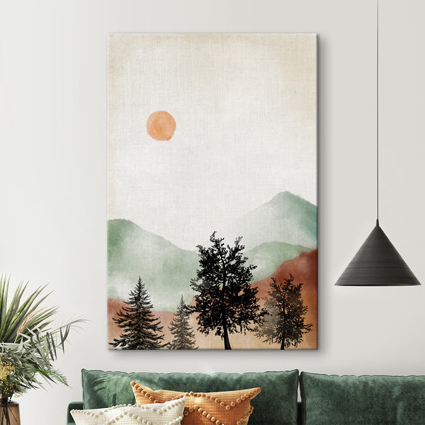 A painting of a mountain landscape with trees and mountains A painting of a mountain landscape with trees and mountains