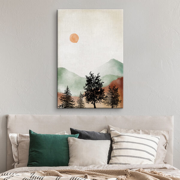 A painting of a mountain landscape with trees and mountains A painting of a mountain landscape with trees and mountains