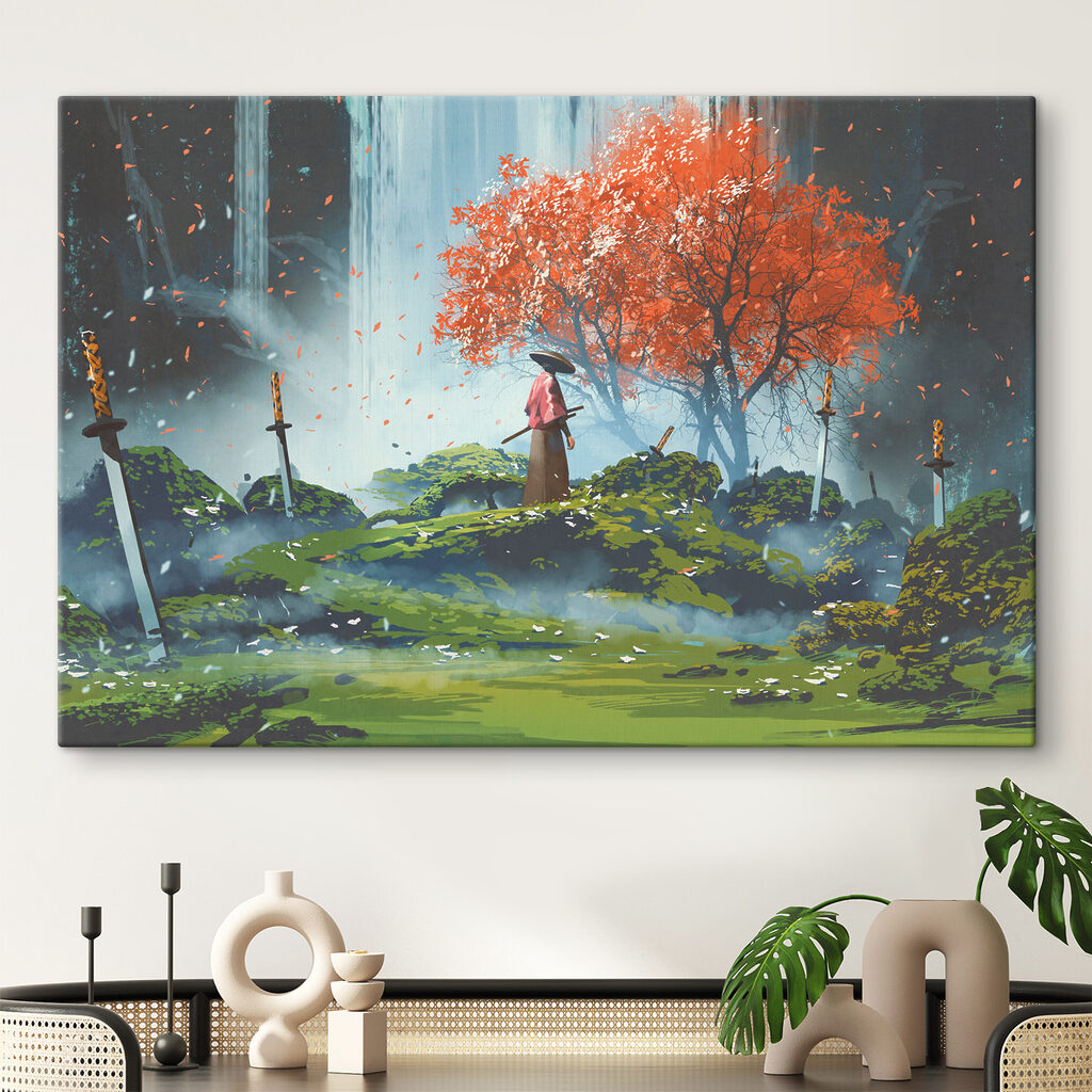 A person standing in a field with swords