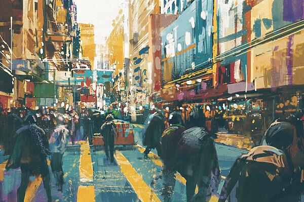 A group of people walking in a city