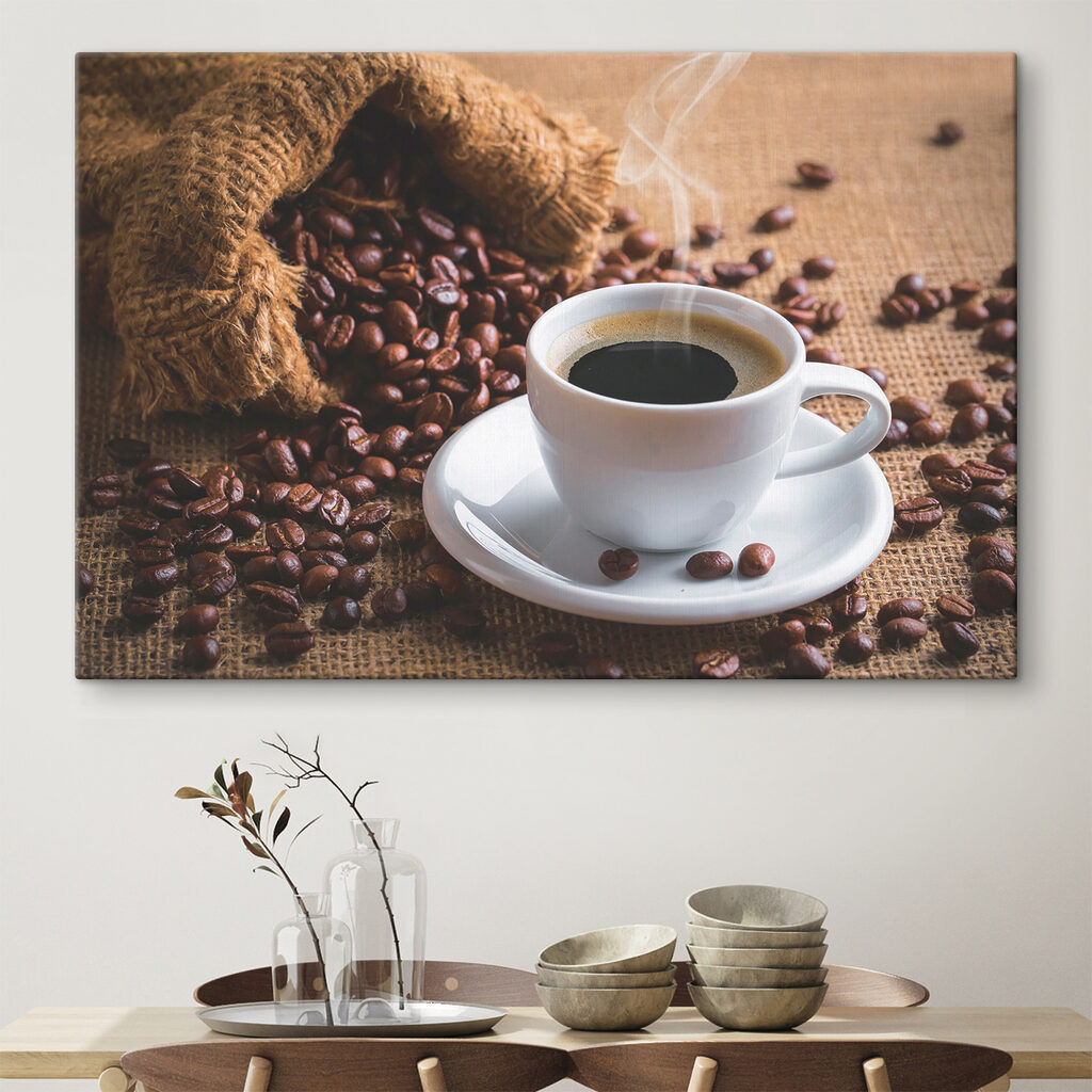 A cup of coffee and a bag of coffee beans A cup of coffee and a bag of coffee beans