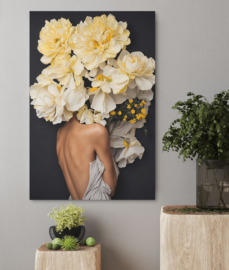 A woman with flowers over her head A woman with flowers over her head