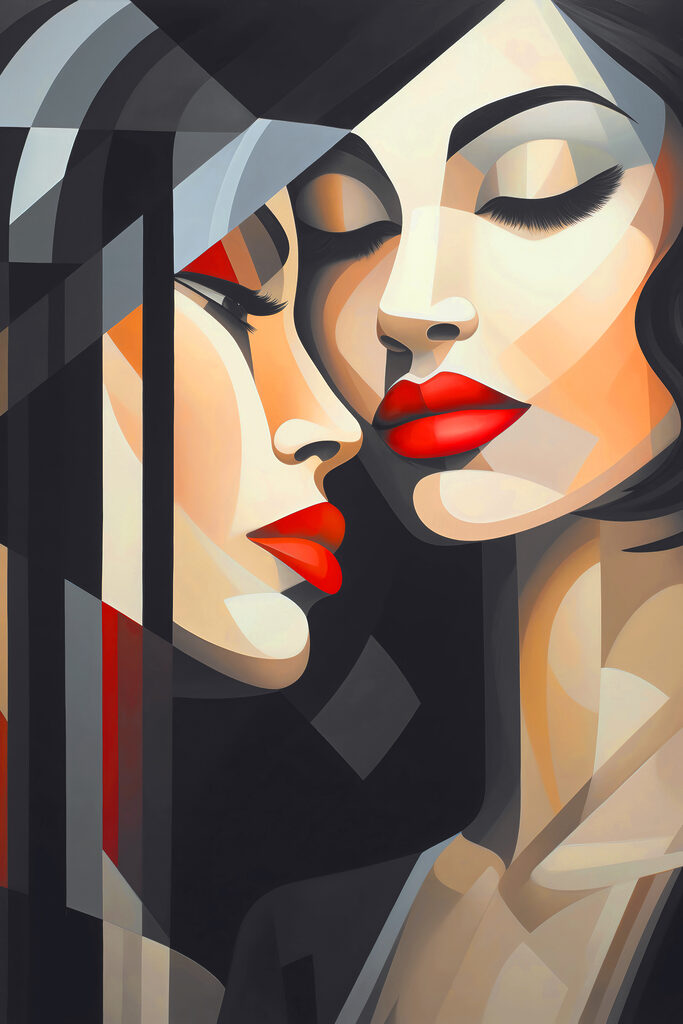 A painting of women with red lips