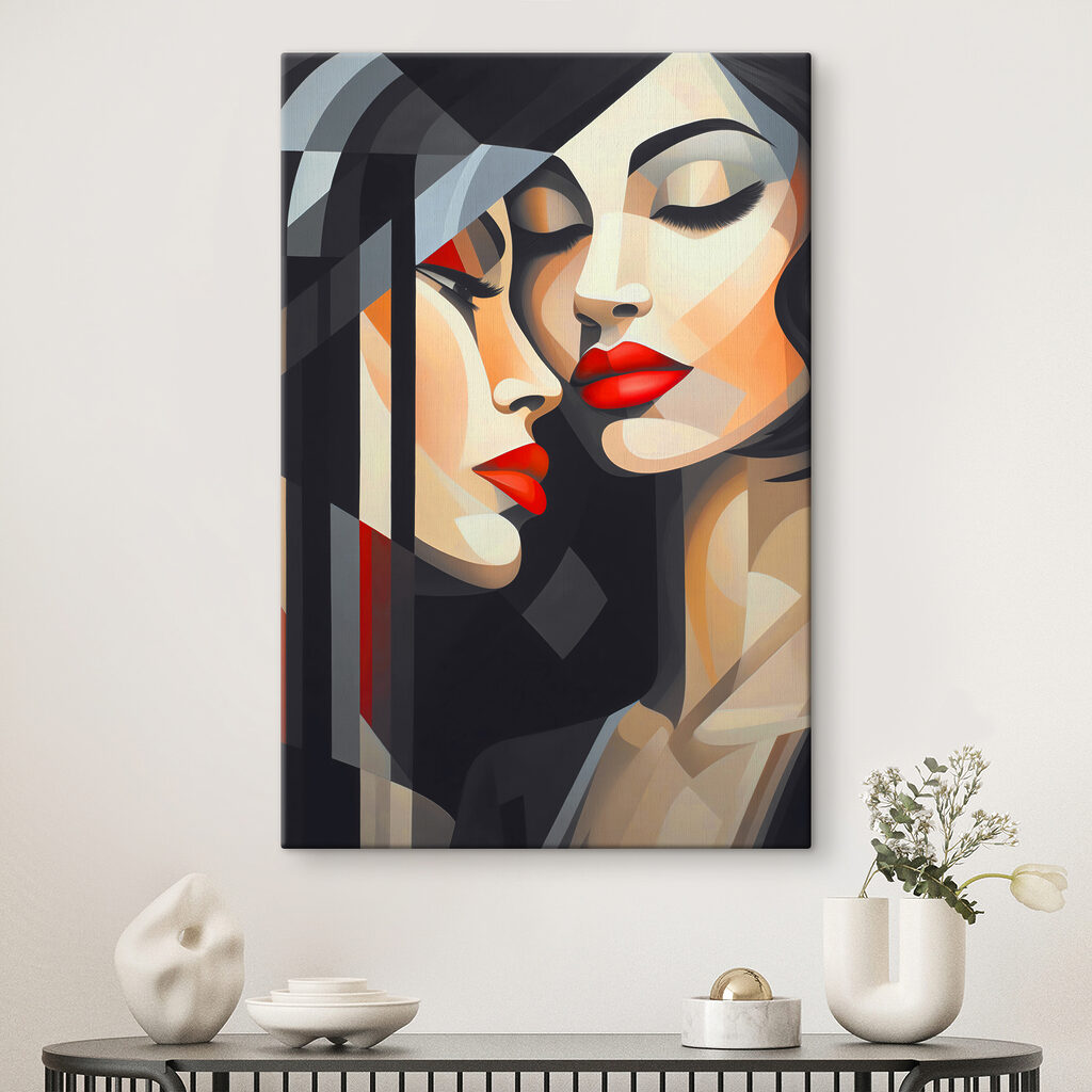 A painting of women with red lips