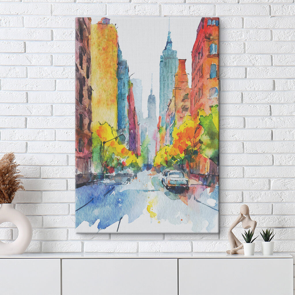 A watercolor painting of a street with buildings and cars A watercolor painting of a street with buildings and cars