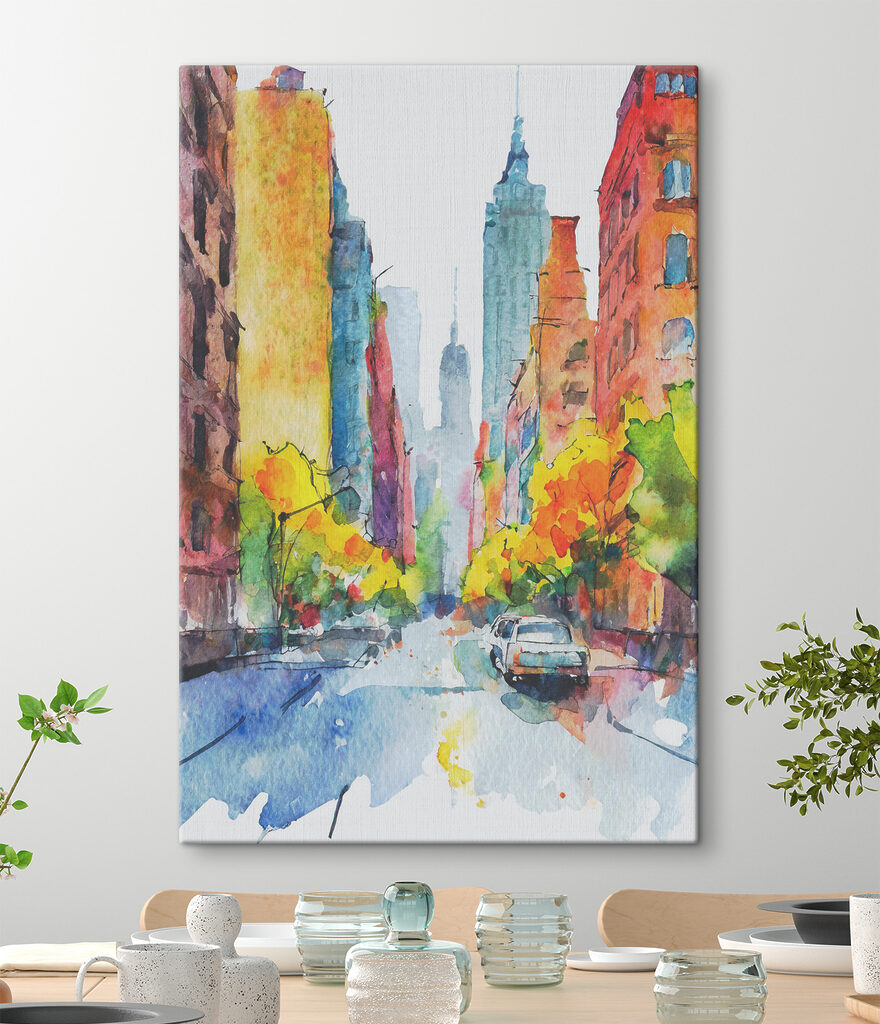 A watercolor painting of a street with buildings and cars A watercolor painting of a street with buildings and cars