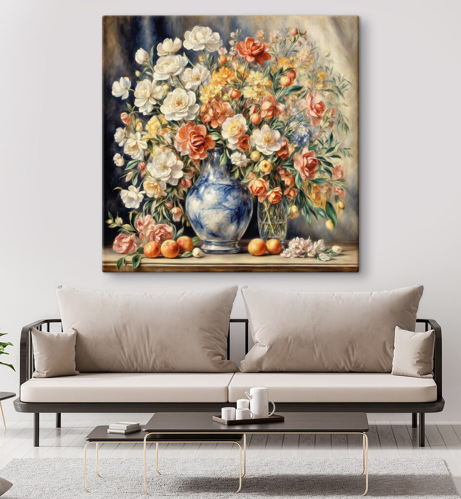 A painting of flowers in a vase and fruit