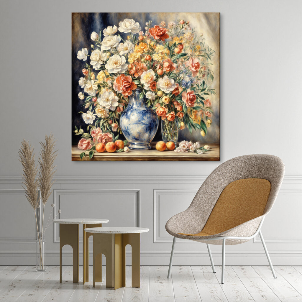 A painting of flowers in a vase and fruit