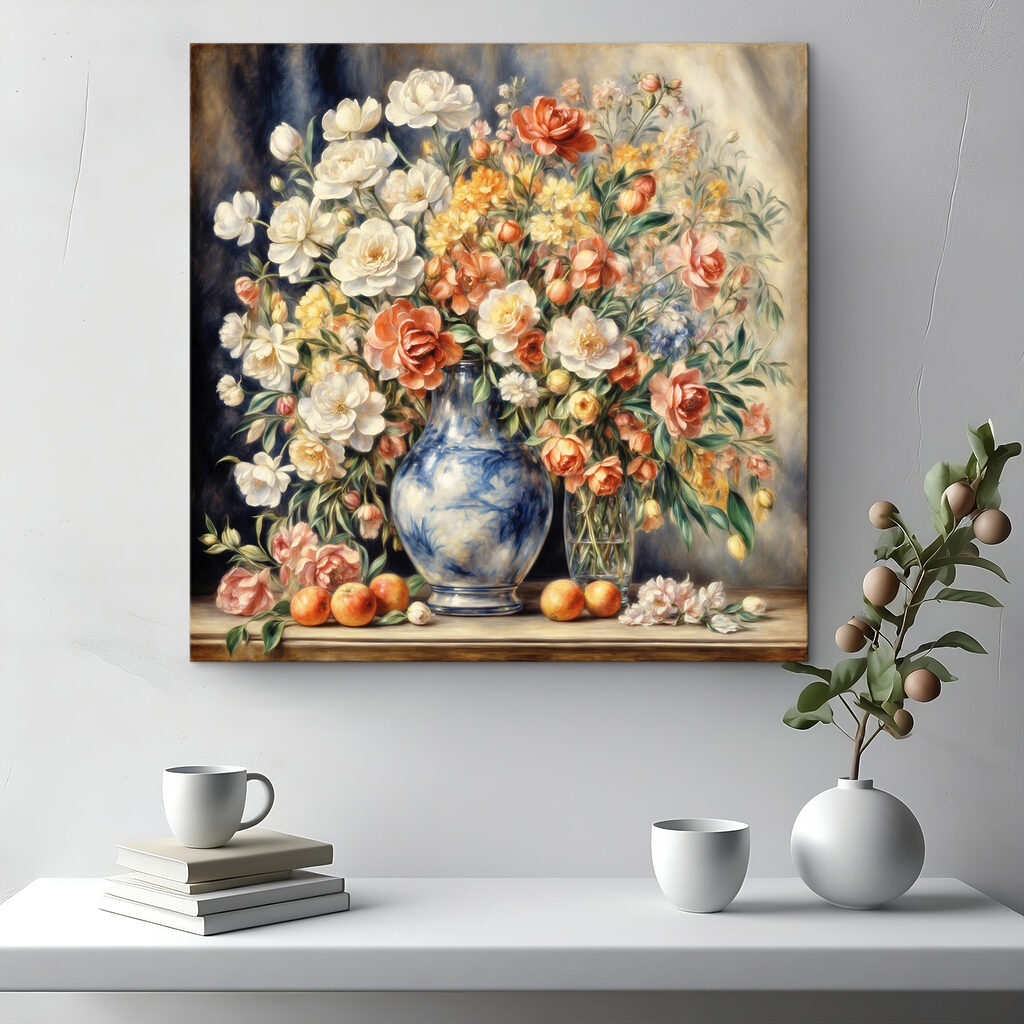 A painting of flowers in a vase and fruit