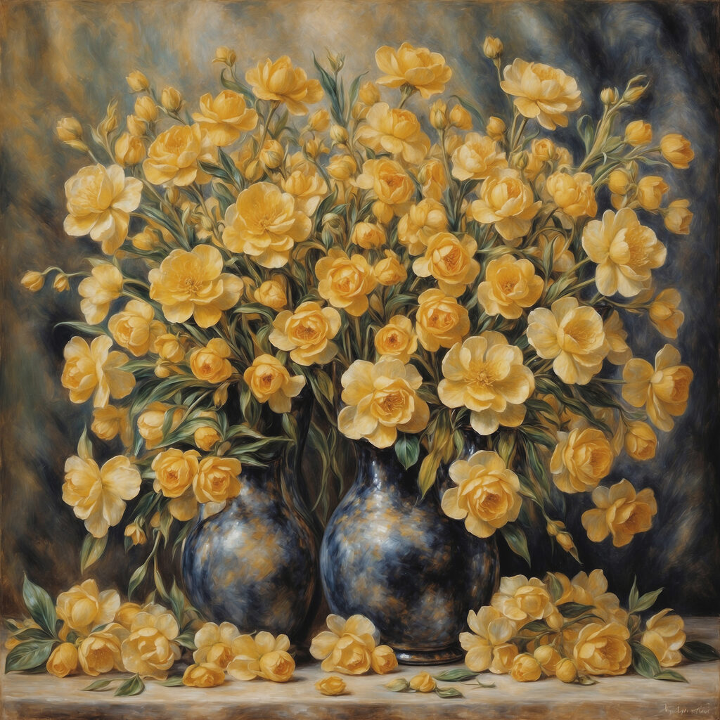 A painting of yellow flowers in a vase A painting of yellow flowers in a vase