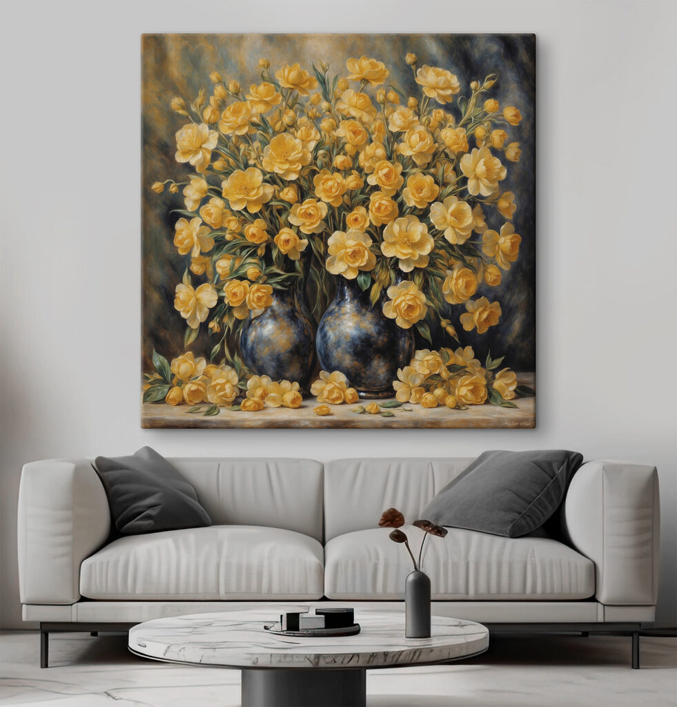 A painting of yellow flowers in a vase A painting of yellow flowers in a vase