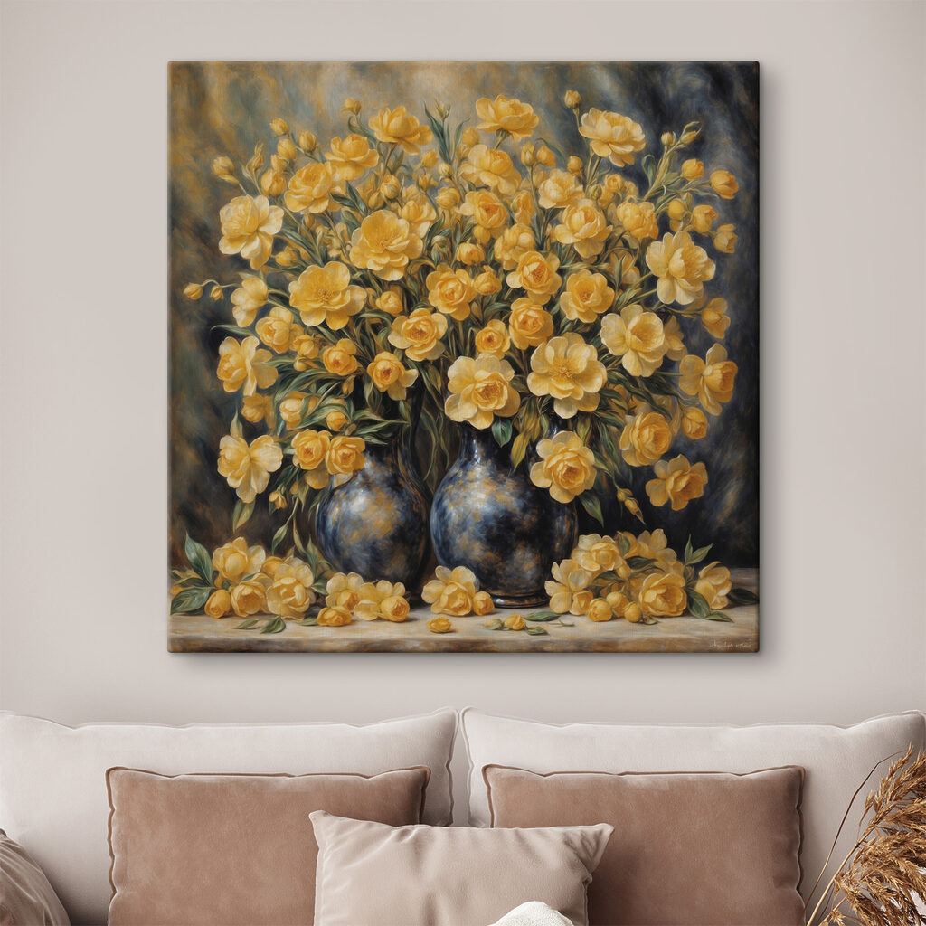 A painting of yellow flowers in a vase A painting of yellow flowers in a vase