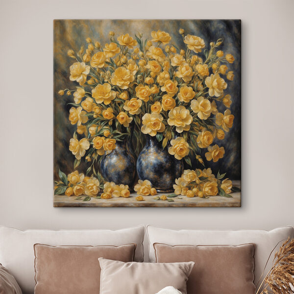 A painting of yellow flowers in a vase A painting of yellow flowers in a vase