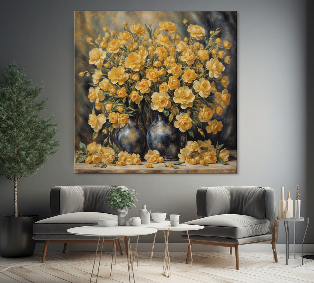 A painting of yellow flowers in a vase A painting of yellow flowers in a vase