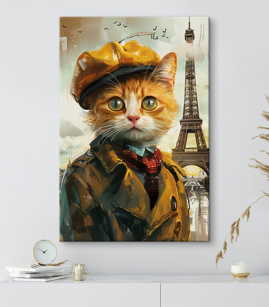 A cat in a coat and hat