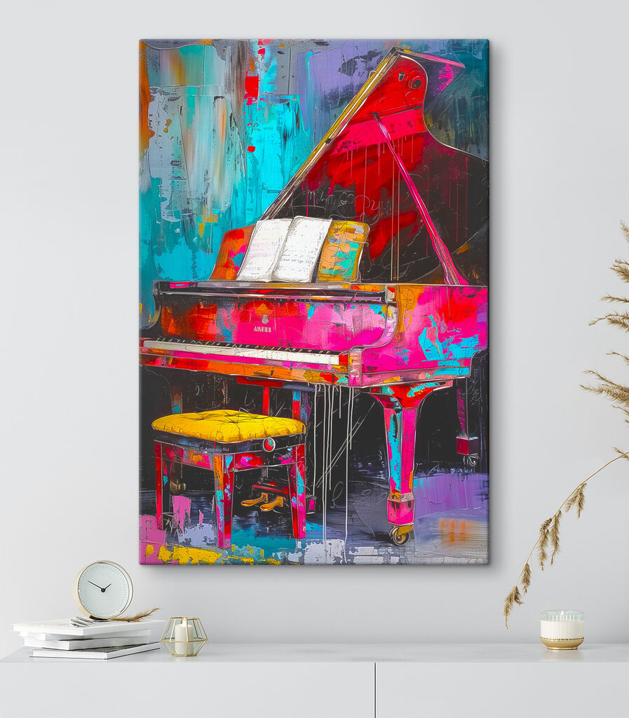 A pink piano with a stool