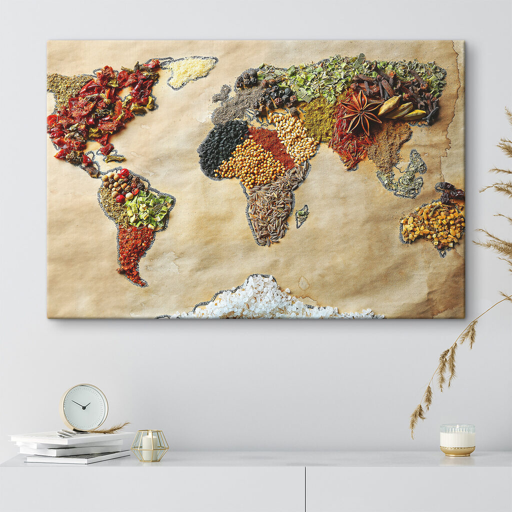 A map of the world made of different spices