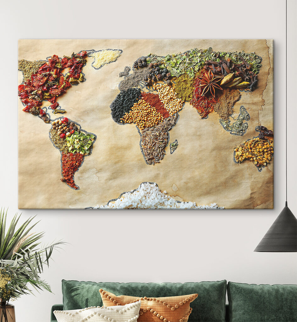 A map of the world made of different spices