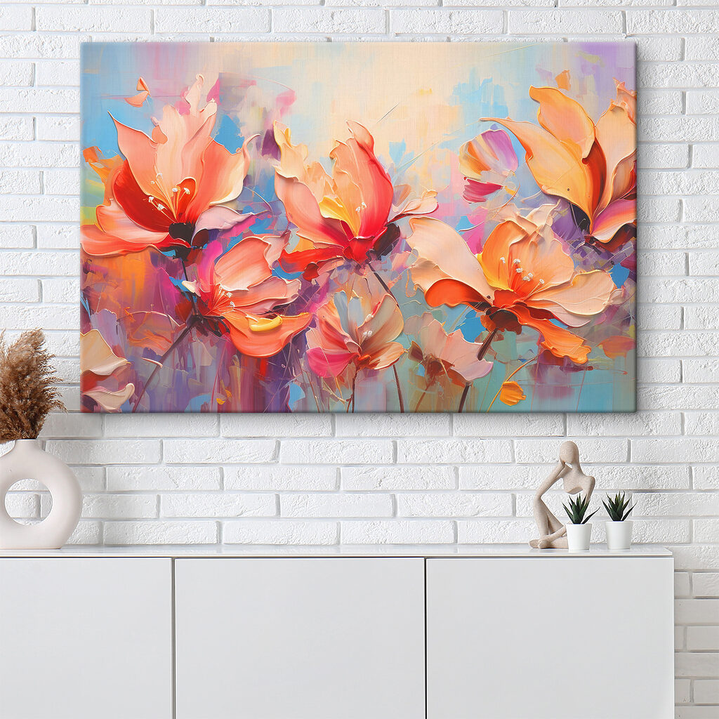 A painting of flowers on a blue background