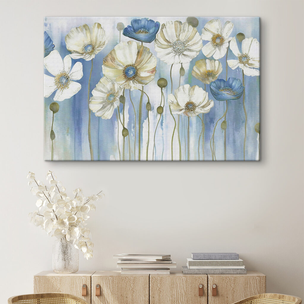 A painting of white and blue flowers A painting of white and blue flowers