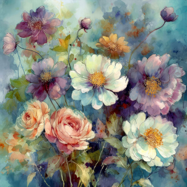A painting of flowers on a blue background A painting of flowers on a blue background